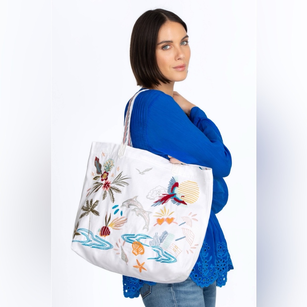 NWT Johnny Was California Everyday White Cotton Tote Bag Embroidered